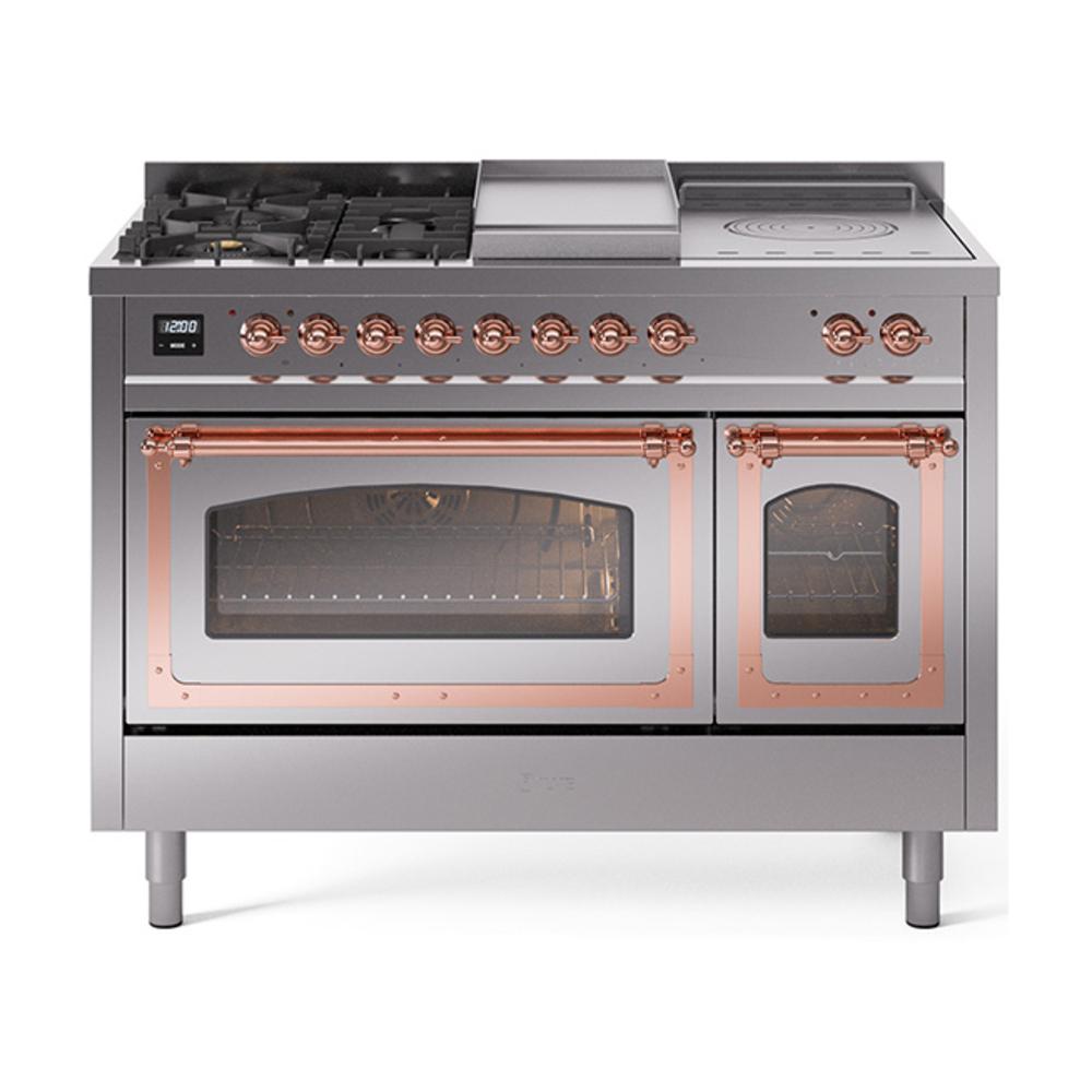ILVE UN48FSNMPSSP Nostalgie II Noblesse 48 inch Dual Fuel Range (5 Sealed Burners + Griddle + French Top, Natural Gas, Triple Glass Door, Stainless Steel, Copper)