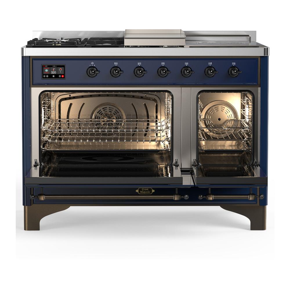 ILVE UM48FSNR3MBBLP Majestic III 48 inch Dual Fuel Range with 5 Black Brass Burners, Griddle and French Top, Dual Function Burner up to 25,000 BTU (Liquid Propane, Triple Glass Door, Midnight Blue, Burnished)