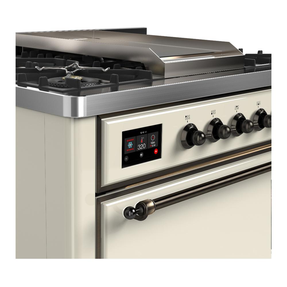 ILVE UM36FQNR3AWB Majestic III 36 inch Dual Fuel Range with 6 Black Brass Burners and Griddle, Dual Function Burner up to 25,000 BTU (Solid Door, Antique White, Burnished, Natural Gas)