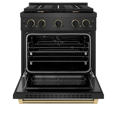 ZLINE Designer Collection 30 in. 4.2 cu. ft. Paramount Dual Fuel Range with 4 Burner Gas Cooktop and Electric Convection Oven in Black Satin Stainless Steel with Matte Black and Champagne Bronze Accents (SDRBSZ-30-MBCB)