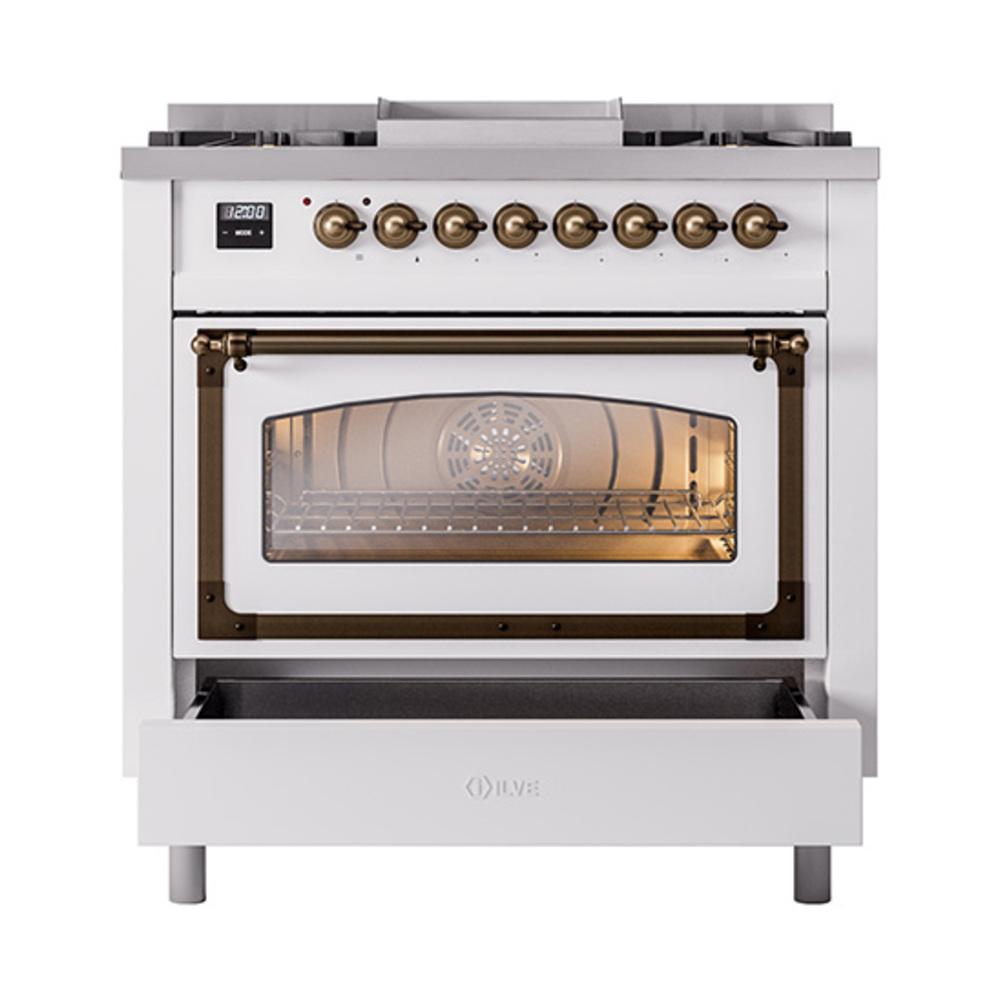 ILVE UN36FNMPWHBLP Nostalgie II Noblesse 36 inch Dual Fuel Range (Liquid Propane, Triple Glass Door, White, Burnished)