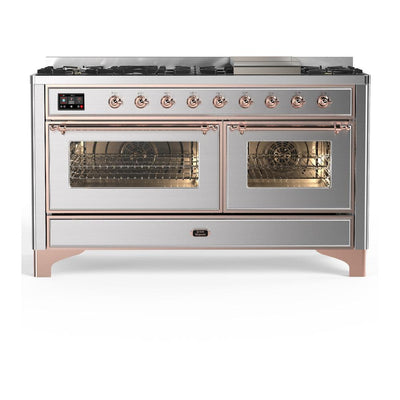 ILVE UM60FNR3SSPLP Majestic III 60 inch Dual Fuel Range with 9 Burners and Griddle, Dual Function Burner up to 25,000 BTU (Liquid Propane, Triple Glass Door, Stainless Steel, Copper)