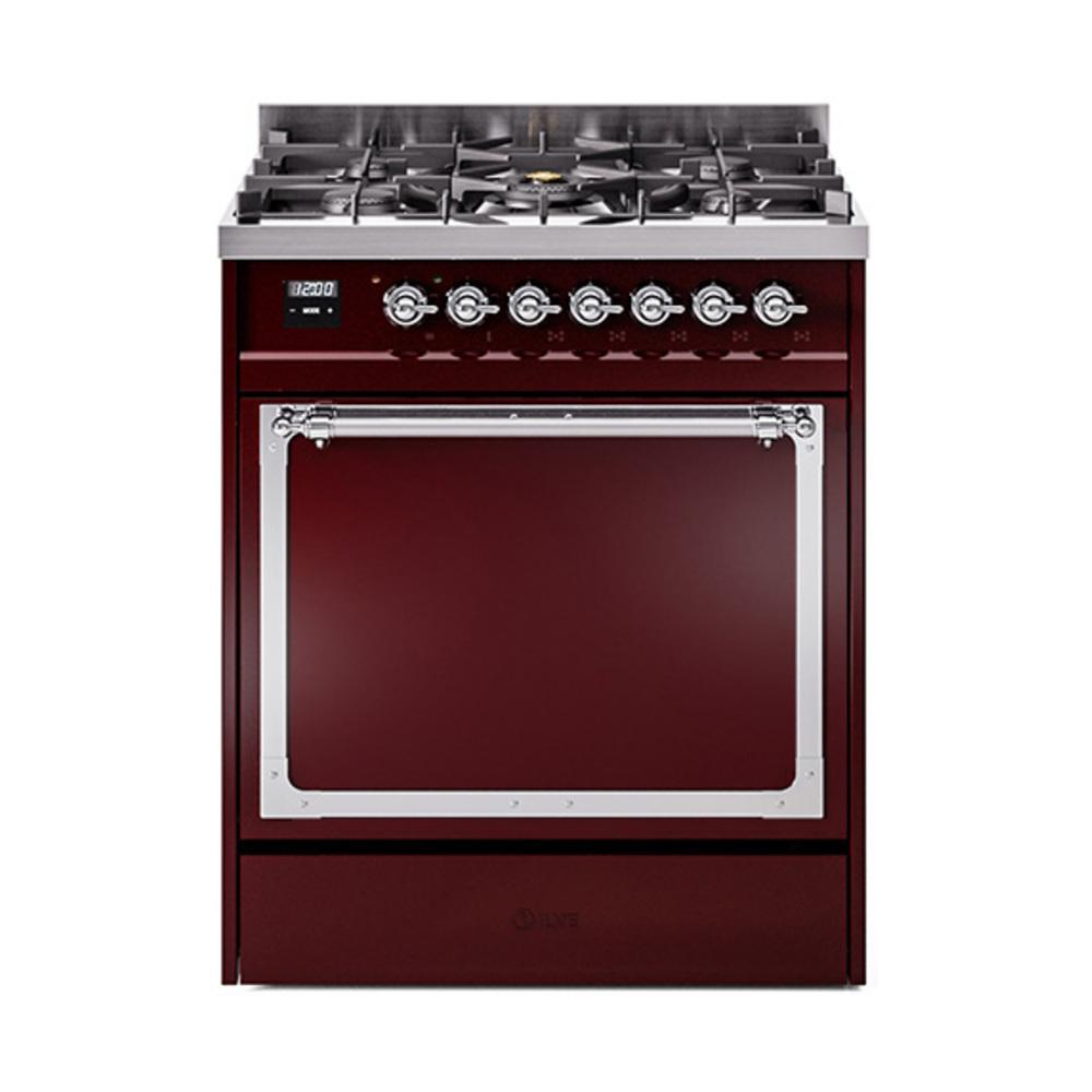 ILVE UN30QNMPBUC Nostalgie II Noblesse 30 inch Dual Fuel Range (Natural Gas, Solid Door, Burgundy, Chrome)