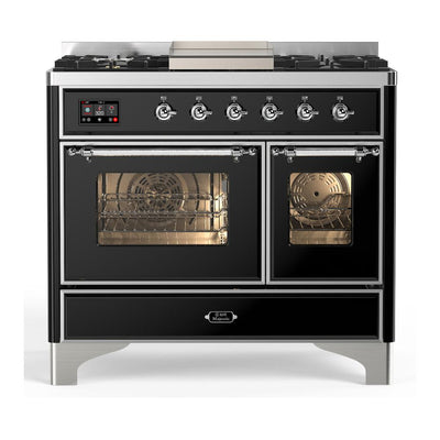 ILVE UMD40FNR3BKC Majestic III 40 inch Dual Fuel Range with 6 Burners and Griddle, Dual Function Burner up to 25,000 BTU (Natural Gas, Triple Glass Door, Glossy Black, Chrome)