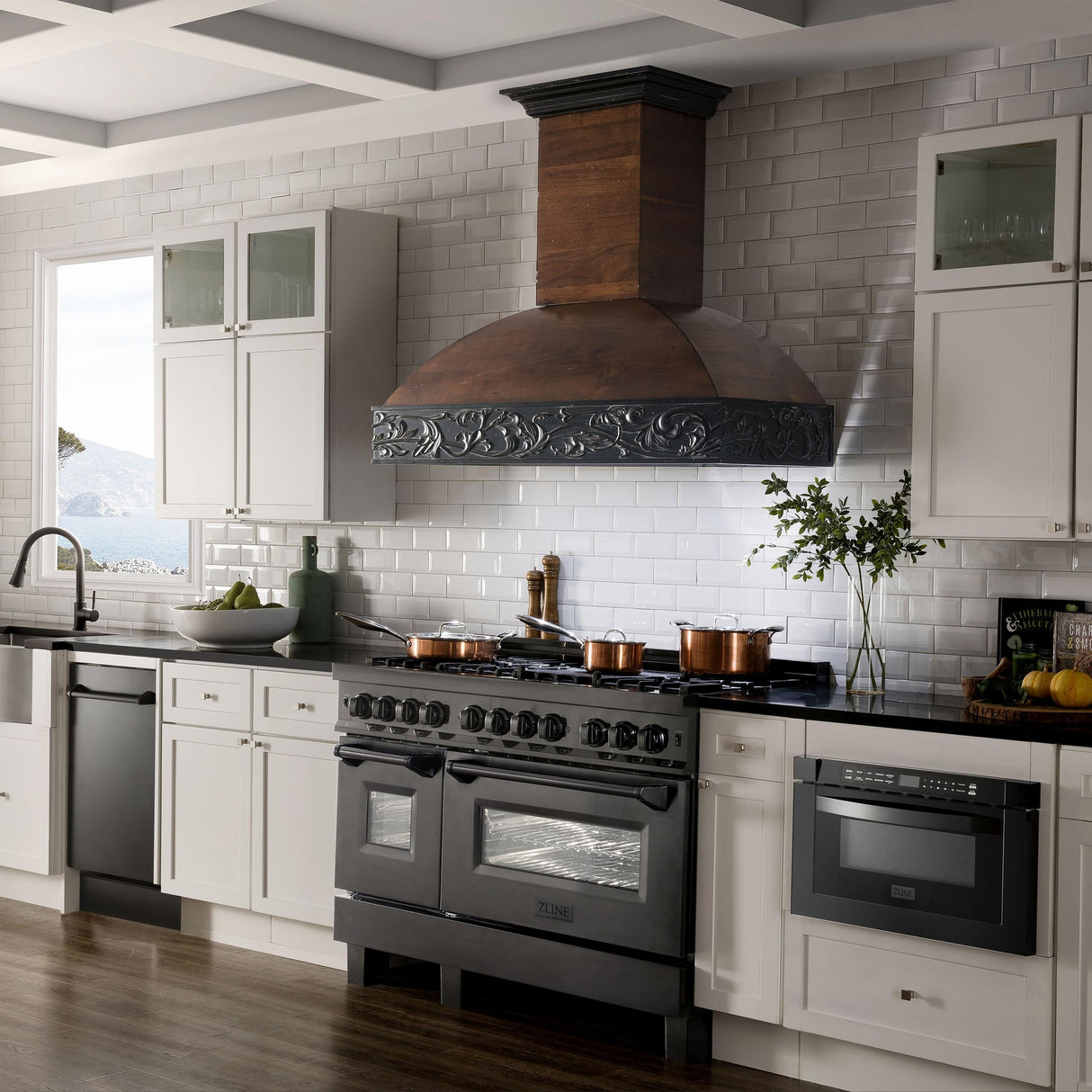 ZLINE 48" 6.0 cu. ft. Dual Fuel Range with Gas Stove and Electric Oven in Black Stainless Steel with Brass Burners (RAB-48)