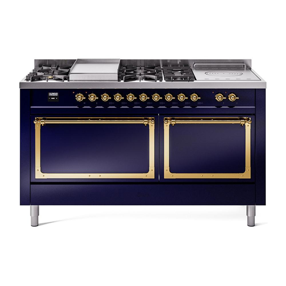 ILVE UN60FSQNMPMBG Nostalgie II Noblesse 60 inch Dual Fuel Range (7 Sealed Burners + Griddle + French Top, Natural Gas, Solid Door, Midnight Blue, Brass)
