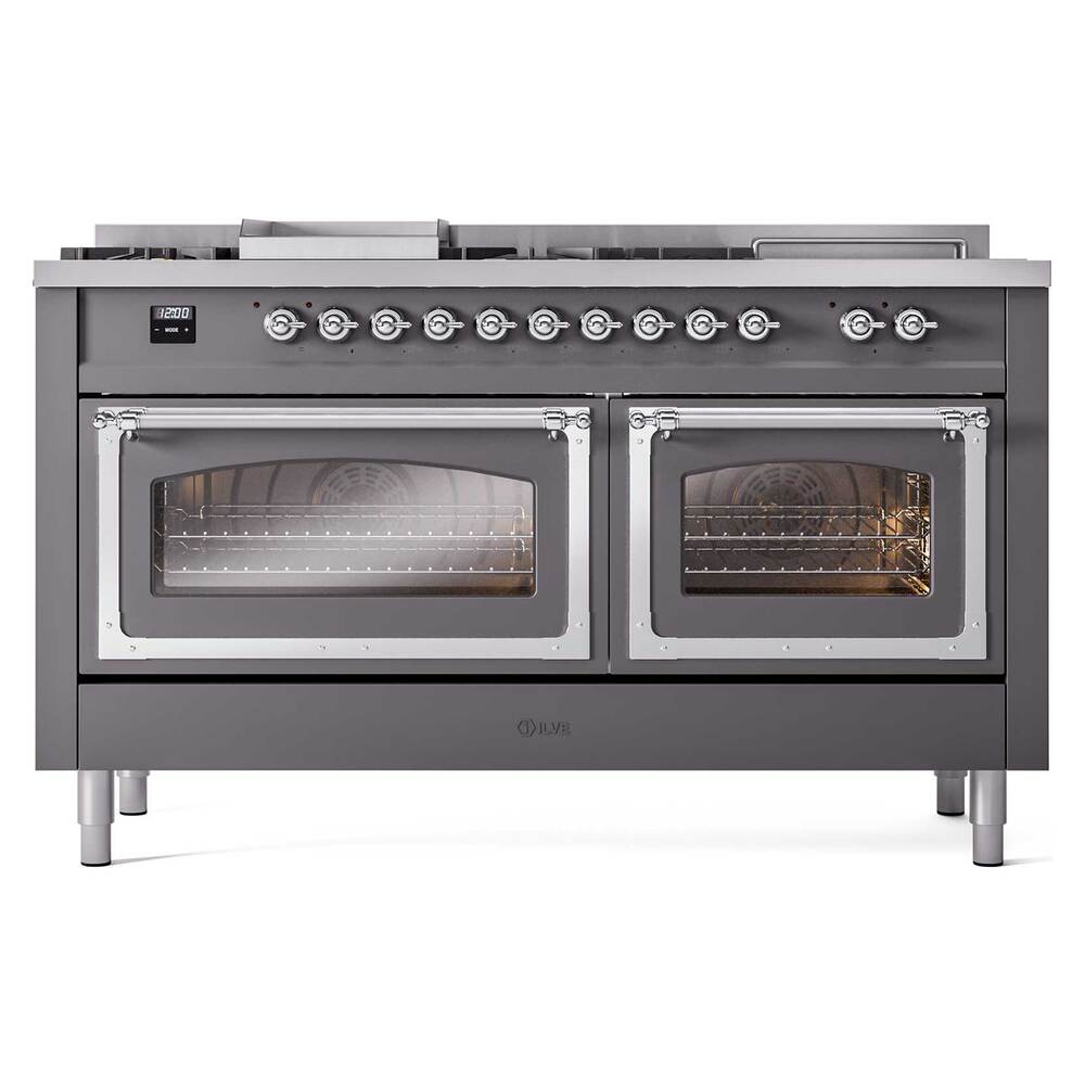 ILVE UN60FSNMPMGC Nostalgie II Noblesse 60 inch Dual Fuel Range (7 Sealed Burners + Griddle + French Top, Natural Gas, Triple Glass Door, Graphite Matte, Chrome)