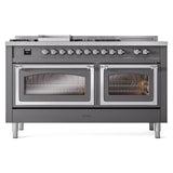 ILVE UN60FSNMPMGC Nostalgie II Noblesse 60 inch Dual Fuel Range (7 Sealed Burners + Griddle + French Top, Natural Gas, Triple Glass Door, Graphite Matte, Chrome)