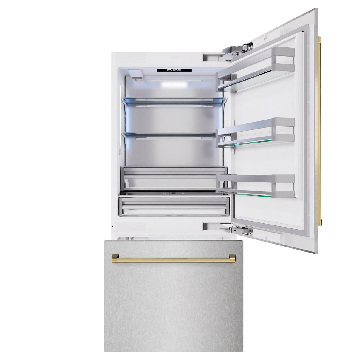 ZLINE Autograph Edition 36 in. 19.8 cu. ft. Built-In Bottom Freezer Refrigerator with Water Dispenser and Ice Maker in DuraSnow' Stainless Steel and Polished Gold Accents (RBITZ-SN-36-G)