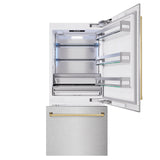 ZLINE Autograph Edition 36 in. 19.8 cu. ft. Built-In Bottom Freezer Refrigerator with Water Dispenser and Ice Maker in DuraSnow' Stainless Steel and Polished Gold Accents (RBITZ-SN-36-G)