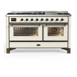 ILVE UM60FNR3AWB Majestic III 60 inch Dual Fuel Range with 9 Burners and Griddle, Dual Function Burner up to 25,000 BTU (Natural Gas, Triple Glass Door, Antique White, Burnished)