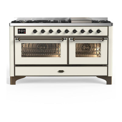 ILVE UM60FNR3AWB Majestic III 60 inch Dual Fuel Range with 9 Burners and Griddle, Dual Function Burner up to 25,000 BTU (Natural Gas, Triple Glass Door, Antique White, Burnished)