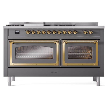 ILVE UN60FSNMPMGGLP Nostalgie II Noblesse 60 inch Dual Fuel Range (7 Sealed Burners + Griddle + French Top, Liquid Propane, Triple Glass Door, Graphite Matte, Brass)
