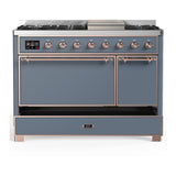ILVE UM48FQNR3BGPLP Majestic III 48 inch Dual Fuel Range with 8 Burners and Griddle, Dual Function Burner up to 25,000 BTU (Liquid Propane, Solid Door, Blue Grey, Copper)