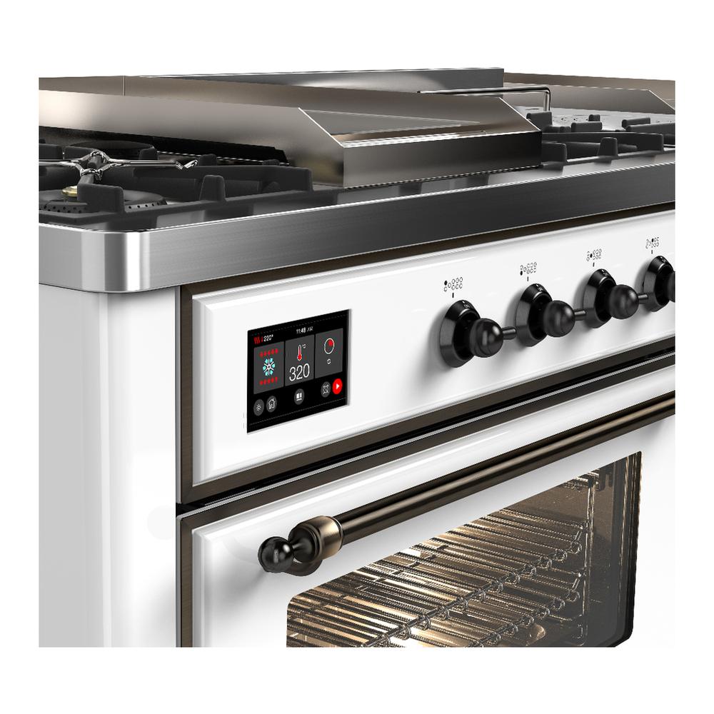 ILVE UM60FSNR3WHBLP Majestic III 60 inch Dual Fuel Range with 7 Burners, Griddle and French Top, Dual Function Burner with up to 25,000 BTU (Liquid Propane, Triple Glass Door, White, Burnished)