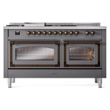 ILVE UN60FSNMPMGB Nostalgie II Noblesse 60 inch Dual Fuel Range (7 Sealed Burners + Griddle + French Top, Natural Gas, Triple Glass Door, Graphite Matte, Burnished)