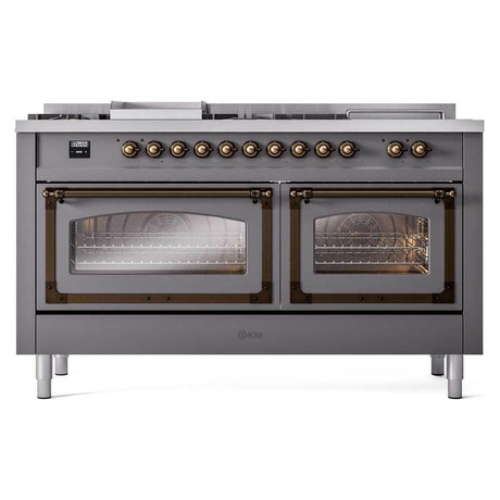 ILVE UN60FSNMPMGB Nostalgie II Noblesse 60 inch Dual Fuel Range (7 Sealed Burners + Griddle + French Top, Natural Gas, Triple Glass Door, Graphite Matte, Burnished)