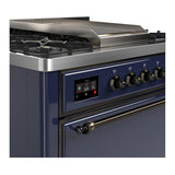 ILVE UM36FQNR3MBB Majestic III 36 inch Dual Fuel Range with 6 Black Brass Burners and Griddle, Dual Function Burner up to 25,000 BTU (Solid Door, Midnight Blue, Burnished, Natural Gas)