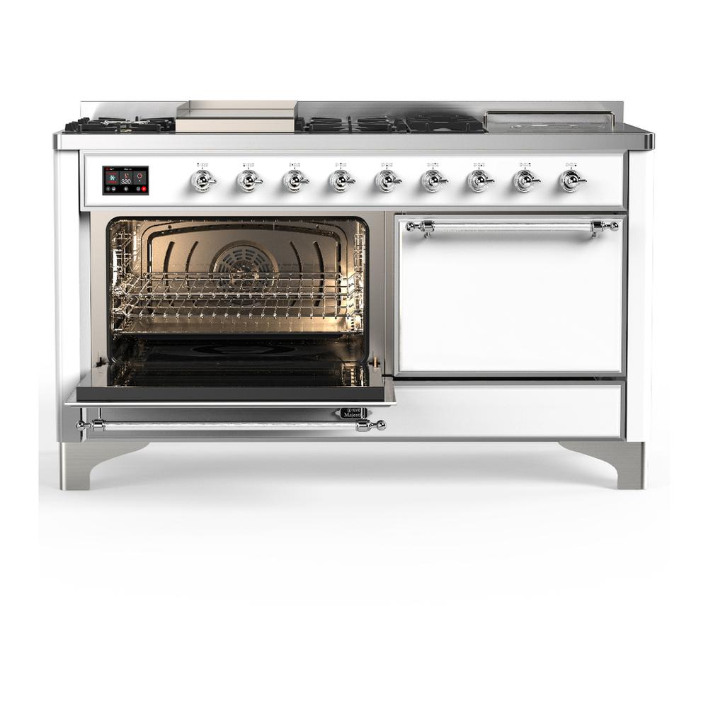 ILVE UM60FSQNR3WHCLP Majestic III 60 inch Dual Fuel Range with 7 Burners, Griddle and French Top, Dual Function Burner with up to 25,000 BTU (Liquid Propane, Solid Door, White, Chrome)