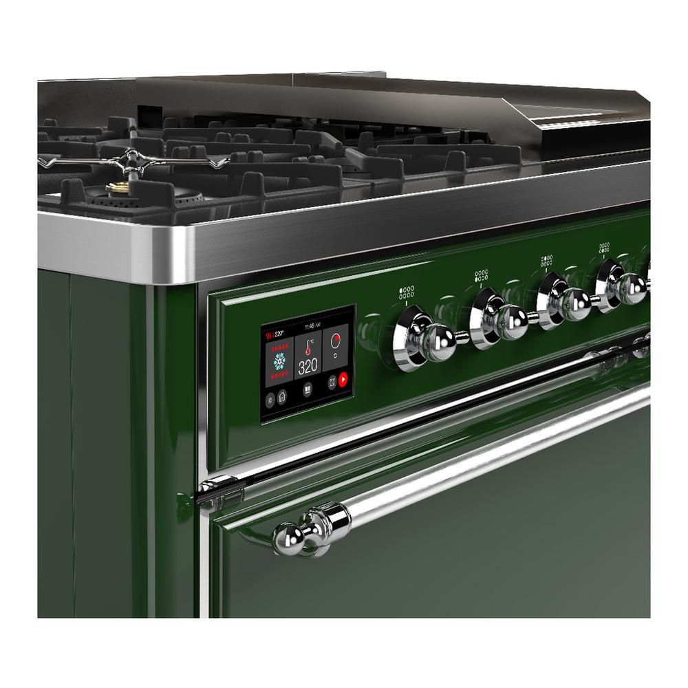 ILVE UM48FQNR3EGCLP Majestic III 48 inch Dual Fuel Range with 8 Burners and Griddle, Dual Function Burner up to 25,000 BTU (Liquid Propane, Solid Door, Emerald Green, Chrome)