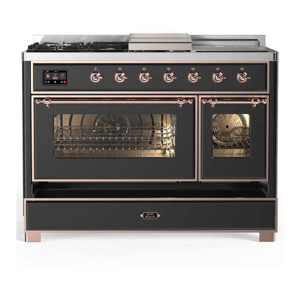 ILVE UM48FSNR3MGPLP Majestic III 48 inch Dual Fuel Range with 5 Black Brass Burners, Griddle and French Top, Dual Function Burner up to 25,000 BTU (Liquid Propane, Triple Glass Door, Graphite Matte, Copper)