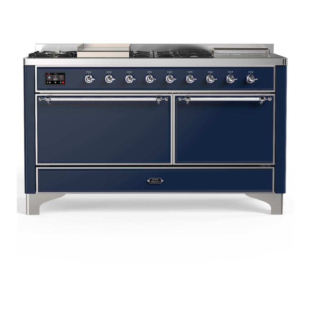 ILVE UM60FSQNR3MBC Majestic III 60 inch Dual Fuel Range with 7 Burners, Griddle and French Top, Dual Function Burner with up to 25,000 BTU (Natural Gas, Solid Door, Midnight Blue, Chrome)
