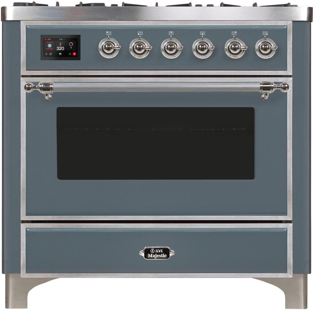 Majestic II 36 Inch Dual Fuel Natural Gas Freestanding Range in Blue Grey with Chrome Trim