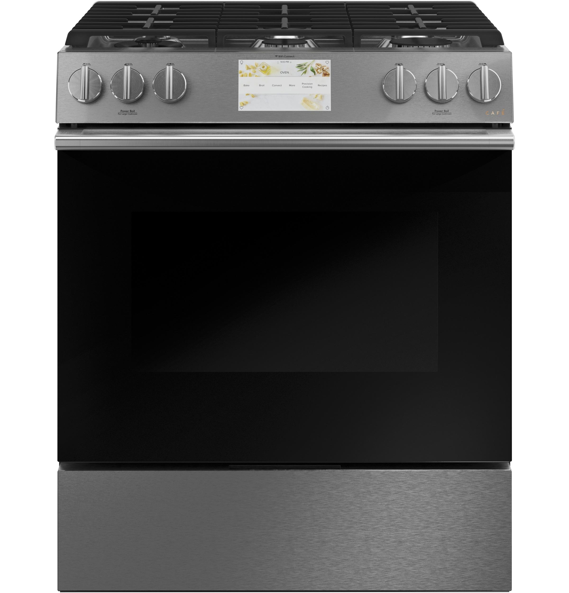 Café™ 30" Smart Slide-In, Front-Control, Dual-Fuel Range in Platinum Glass