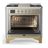 ILVE UM36FNR3SSG Majestic III 36 inch Dual Fuel Range with 6 Black Brass Burners and Griddle, Dual Function Burner up to 25,000 BTU (Triple Glass Door, Stainless Steel, Brass, Natural Gas)
