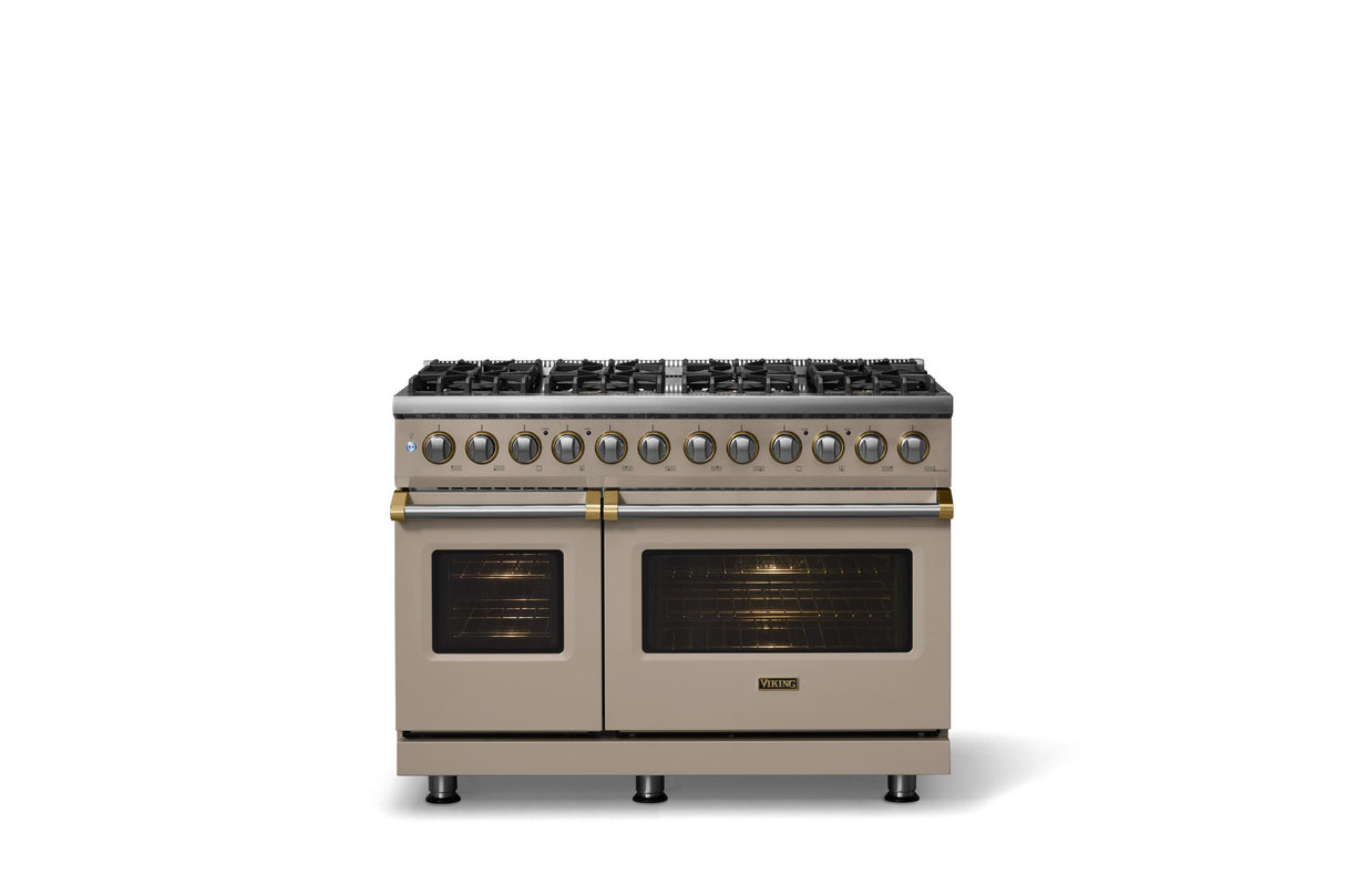 48"W. Dual Fuel Range (Burner: 8b, Finish: Nantucket, Trim: Brushed Brass, Fuel: Natural Gas)