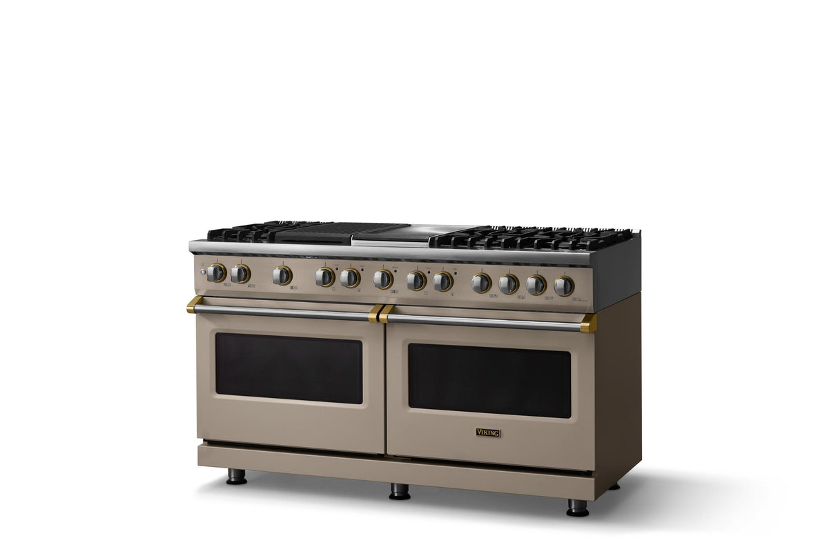 60"W.Dual Fuel Range (Finish: Nantucket, Trim: Brushed Brass, Fuel: Natural Gas)