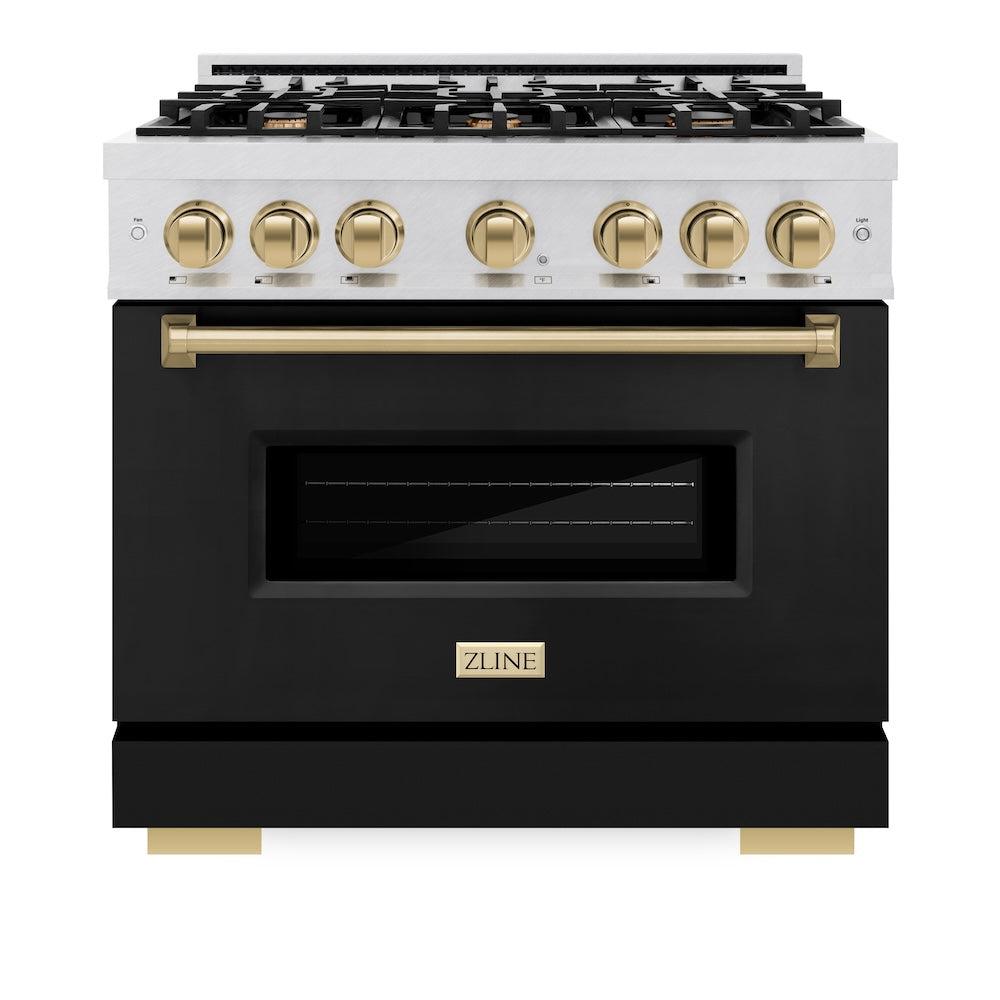 ZLINE Autograph Edition 36 in. 5.2 cu. ft. Classic Gas Range with 6 Burner Cooktop and Convection Gas Oven in DuraSnow' Stainless Steel with Black Matte Door and Champagne Bronze Accents (CGRSZ-BLM-36-CB)