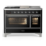 ILVE UM48FSNR3BKCLP Majestic III 48 inch Dual Fuel Range with 5 Black Brass Burners, Griddle and French Top, Dual Function Burner up to 25,000 BTU (Liquid Propane, Triple Glass Door, Glossy Black, Chrome)