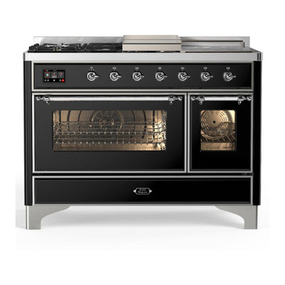 ILVE UM48FSNR3BKCLP Majestic III 48 inch Dual Fuel Range with 5 Black Brass Burners, Griddle and French Top, Dual Function Burner up to 25,000 BTU (Liquid Propane, Triple Glass Door, Glossy Black, Chrome)