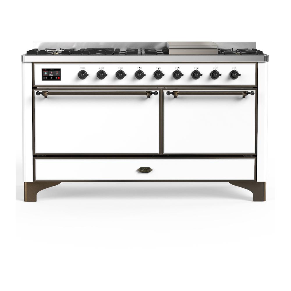 ILVE UM60FQNR3WHB Majestic III 60 inch Dual Fuel Range with 9 Burners and Griddle, Dual Function Burner up to 25,000 BTU (Natural Gas, Solid Door, White, Burnished)