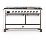 ILVE UM60FQNR3WHB Majestic III 60 inch Dual Fuel Range with 9 Burners and Griddle, Dual Function Burner up to 25,000 BTU (Natural Gas, Solid Door, White, Burnished)
