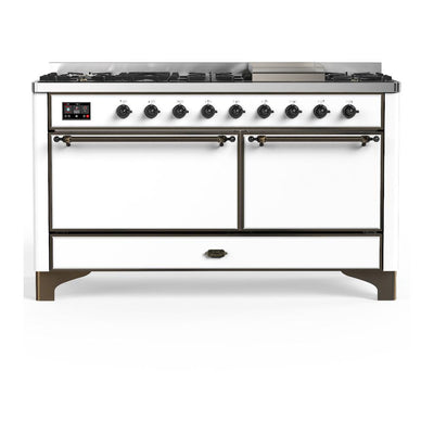 ILVE UM60FQNR3WHB Majestic III 60 inch Dual Fuel Range with 9 Burners and Griddle, Dual Function Burner up to 25,000 BTU (Natural Gas, Solid Door, White, Burnished)