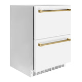 ZLINE Autograph Edition 24 in. Touchstone 168 Can Outdoor-Rated Dual Refrigerator Drawer with White Matte Doors and Polished Gold Handles (RDSOZ-WM-24-G)