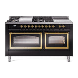 ILVE UN60FSNMPBKG Nostalgie II Noblesse 60 inch Dual Fuel Range (7 Sealed Burners + Griddle + French Top, Natural Gas, Triple Glass Door, Glossy Black, Brass)
