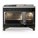 ILVE UM48FSNR3BKBLP Majestic III 48 inch Dual Fuel Range with 5 Black Brass Burners, Griddle and French Top, Dual Function Burner up to 25,000 BTU (Liquid Propane, Triple Glass Door, Glossy Black, Burnished)