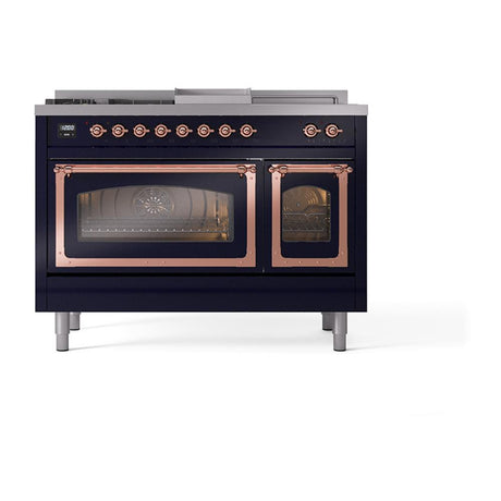 ILVE UN48FSNMPMBP Nostalgie II Noblesse 48 inch Dual Fuel Range (5 Sealed Burners + Griddle + French Top, Natural Gas, Triple Glass Door, Midnight Blue, Copper)