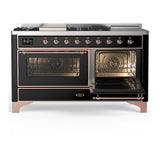 ILVE UM60FSNR3BKP Majestic III 60 inch Dual Fuel Range with 7 Burners, Griddle and French Top, Dual Function Burner with up to 25,000 BTU (Natural Gas, Triple Glass Door, Glossy Black, Copper)
