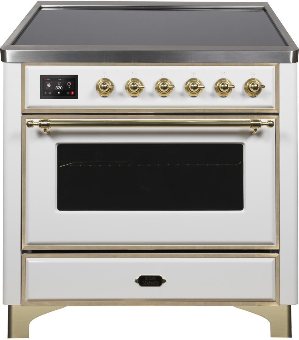 Majestic II 36 Inch Electric Freestanding Range in White with Brass Trim