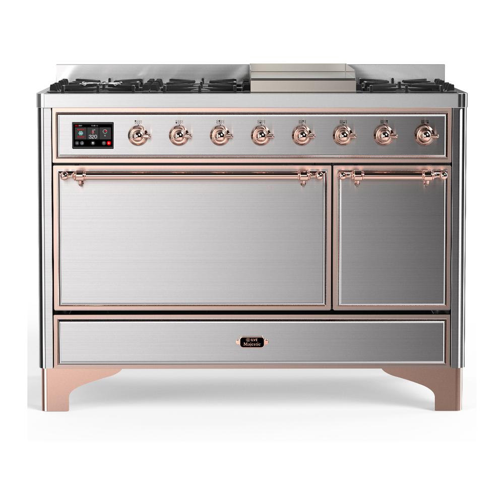 ILVE UM48FQNR3SSPLP Majestic III 48 inch Dual Fuel Range with 8 Burners and Griddle, Dual Function Burner up to 25,000 BTU (Liquid Propane, Solid Door, Stainless Steel, Copper)