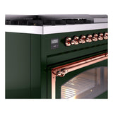 ILVE UN48FNMPEGP Nostalgie II Noblesse 48 inch Dual Fuel Range (8 Sealed Burners + Griddle, Natural Gas, Triple Glass Door, Emerald Green, Copper)