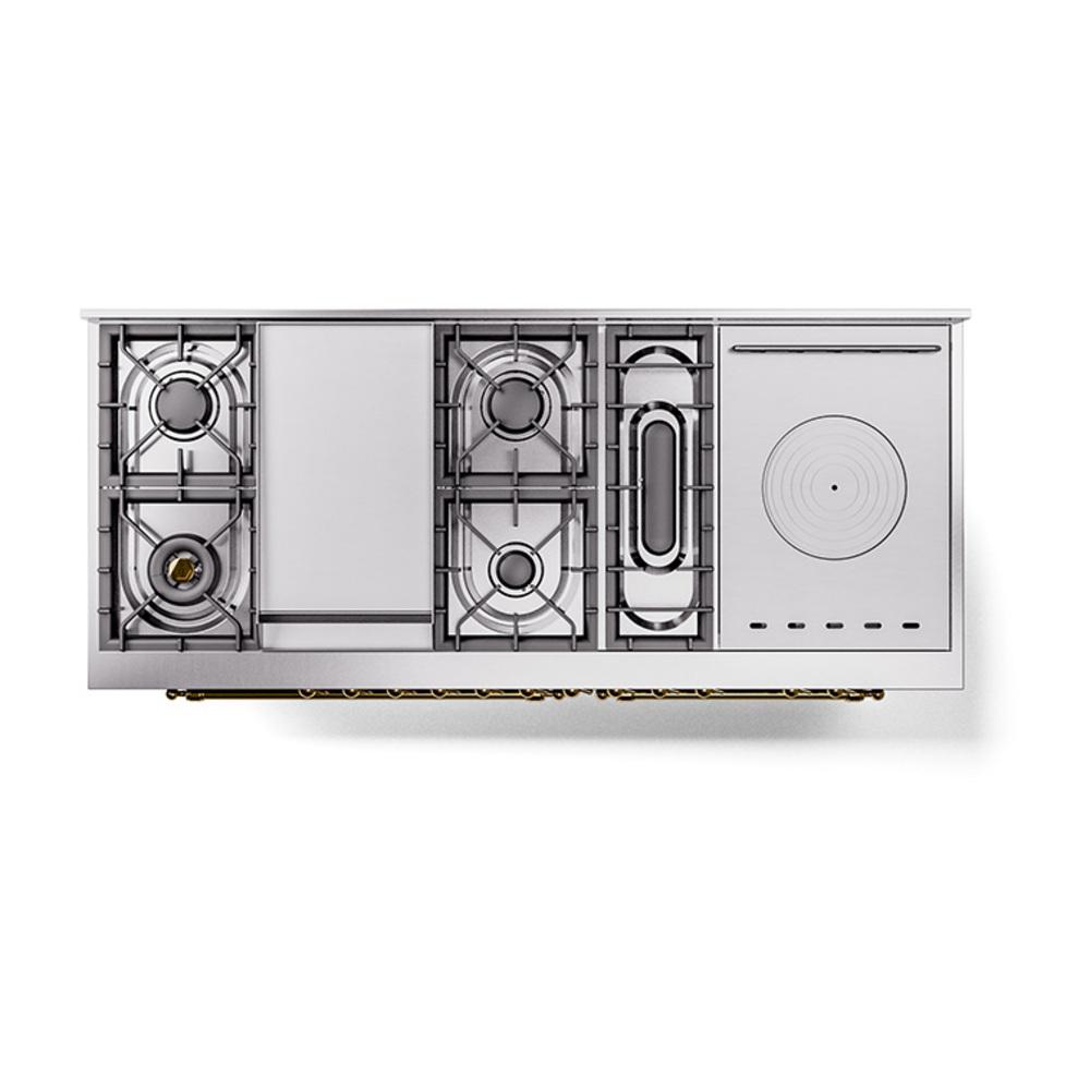 ILVE UN60FSNMPBUG Nostalgie II Noblesse 60 inch Dual Fuel Range (7 Sealed Burners + Griddle + French Top, Natural Gas, Triple Glass Door, Burgundy, Brass)