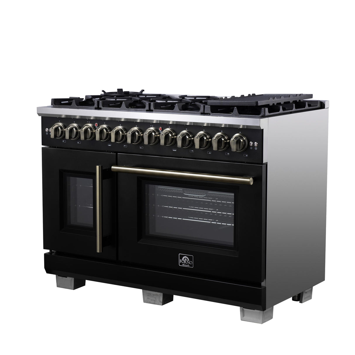 Forno Capriasca 48 Inch Freestanding French Door Dual Fuel Range in Black with Antique Brass Accessories, 8 Burners, True Convection Oven