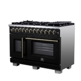 Forno Capriasca 48 Inch Freestanding French Door Dual Fuel Range in Black with Antique Brass Accessories, 8 Burners, True Convection Oven