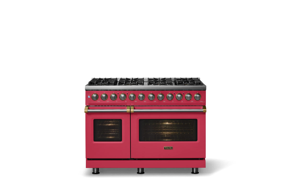 48"W. Dual Fuel Range (Burner: 8b, Finish: Valentine, Trim: Brushed Brass, Fuel: Propane)