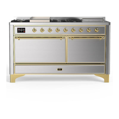ILVE UM60FSQNR3SSGLP Majestic III 60 inch Dual Fuel Range with 7 Burners, Griddle and French Top, Dual Function Burner with up to 25,000 BTU (Liquid Propane, Solid Door, Stainless Steel, Brass)